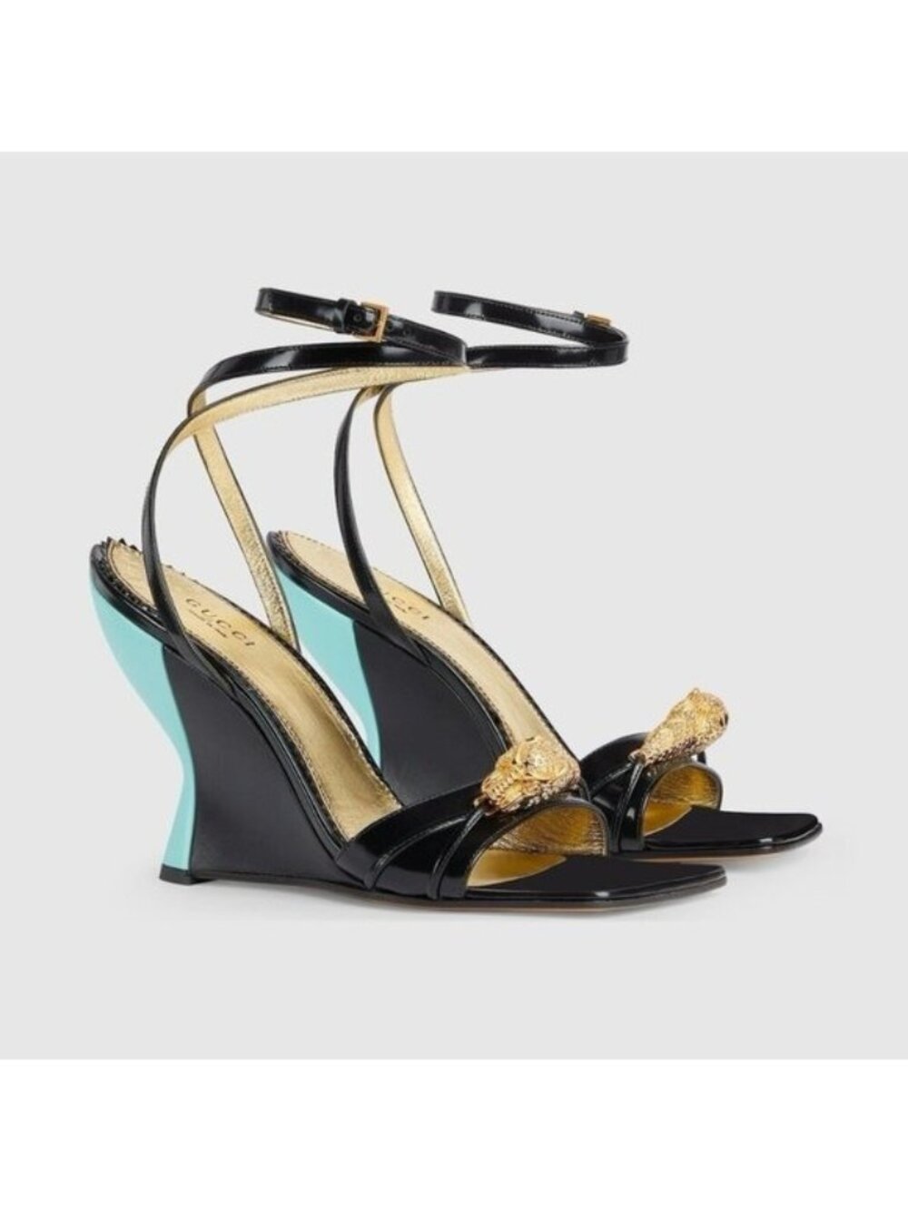 NEW GUCCI  Regent Calfskin Crystal Snake Head Sandals Sz 37.5 Black Blue Shoes